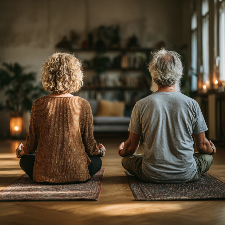Група літніх людей виконує вправи йоги