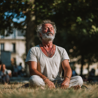Спокійна літня людина медитує на природі